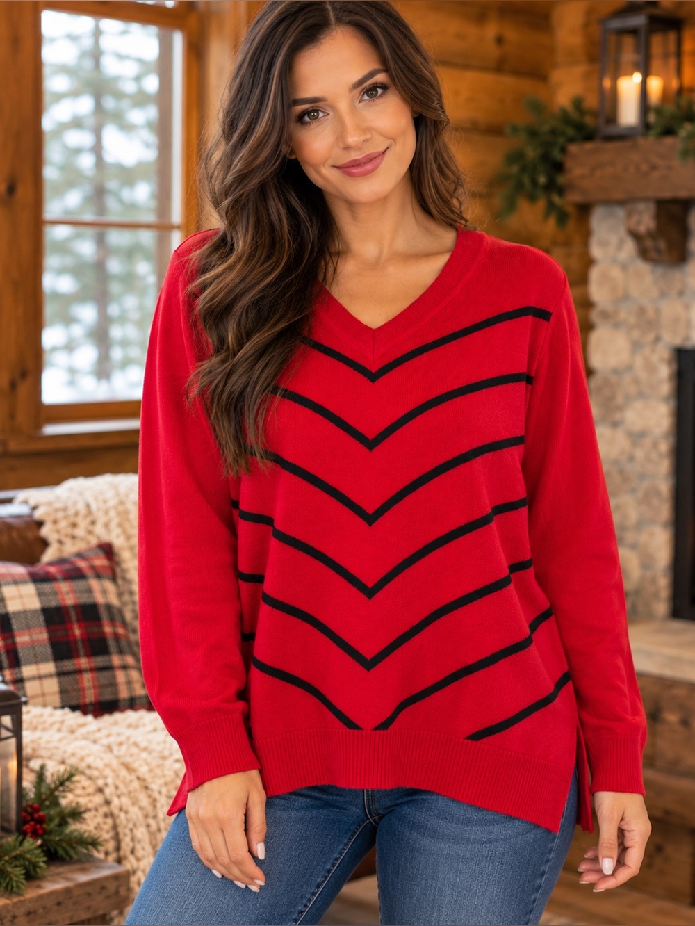 Liz Claiborne Red Black Striped V Neck Sweater Women’s 1X 100% Cotton